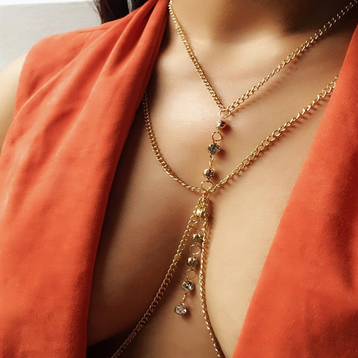 Body Jewelry Harness - Round Crystal Chest Chain Low Waist
